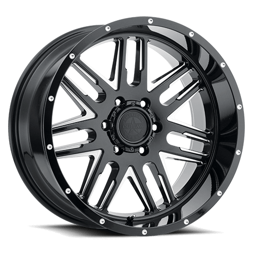 17" American Outlaw 12 Gauge Wheel 🔥 17X8.5 +0 6X139.7 🔥 C.B 106.2 Black & Milled Rim🔻✅